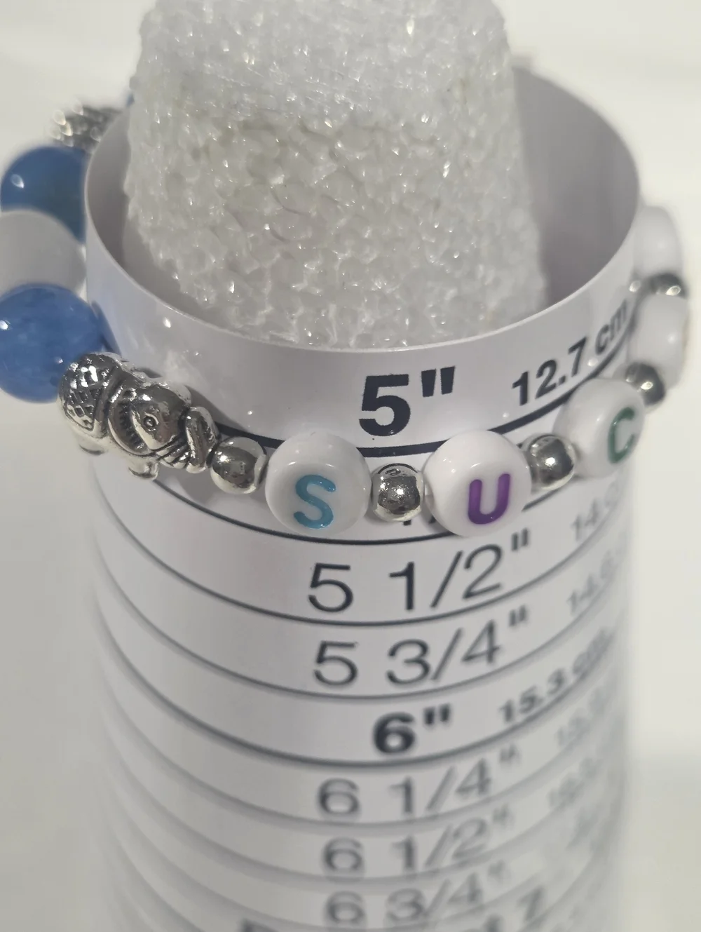 Handcrafted Beaded 'SUCCESS' Bracelet with Blue and White Gem Beads - Picture 9 of 10